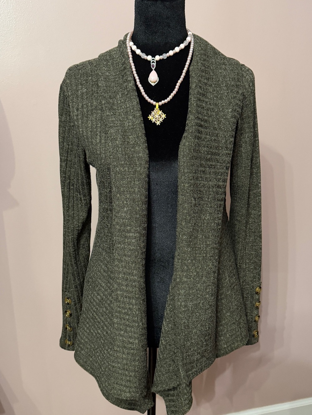 Retrology Women’s S Olive Asymmetrical Draped Open Front Cardigan